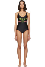Gucci - 黑色复古徽标亮面连体泳衣
