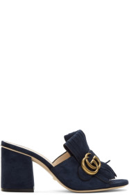 Gucci - Navy Suede GG Marmont Slide Heeled Sandals