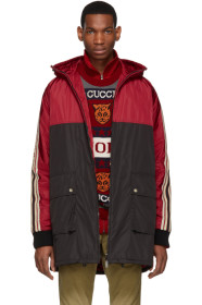 Gucci - Red & Black Nylon Logo Stripe Coat