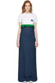 Prada - ホワイト & ブルー シフォン ロング T シャツ ドレス