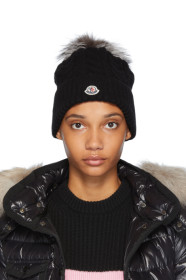 Moncler - Black Cable Knit Fur Pom Pom Beanie