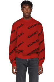 Balenciaga - レッド & ブラック ウール All Over ロゴ セーター