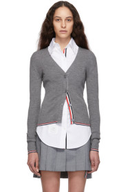 Thom Browne - Grey Rib Stitch Tipping Stripe Cardigan