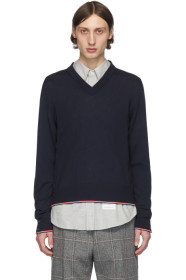 Thom Browne - Pull en cachemire à col en V bleu marine Classic