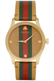 Gucci - タン & ゴールド ストライプ レザー G-タイムレス ウォッチ