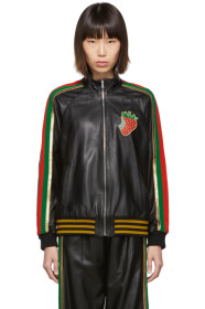 Gucci - Black Leather Strawberry Patch Track Jacket