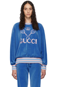 Gucci - 蓝色雪尼尔网球徽标套头衫