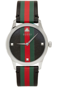 Gucci - Black & Silver Striped Leather G-Timeless Watch