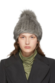 Yves Salomon - Grey Fur Bonnet Pompom Beanie