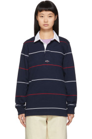 Noah NYC - Navy Striped Logo Rugby Polo