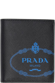 Prada - Portefeuille en cuir saffiano noir et bleu