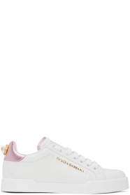 Dolce & Gabbana - Baskets blanches et roses Lettering Portofino