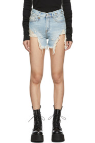 R13 - Blue Denim Shredded Slouch Shorts