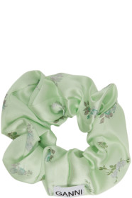 GANNI - Green Silk Satin Floral Scrunchie