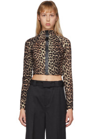 GANNI - Tan & Black Recycled Jersey Leopard Zip-Up Top