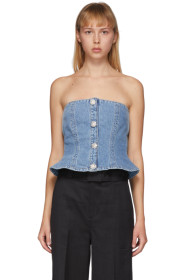 GANNI - Blue Denim Crystal Strapless Top