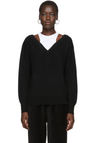 alexanderwang.t - Black Cropped Bi-Layer V-Neck Sweater