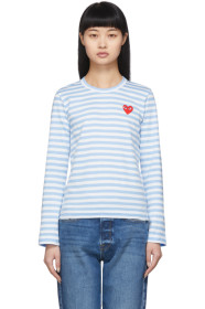 Comme des Garçons Play - Blue & White Striped Heart Patch Long Sleeve T-Shirt