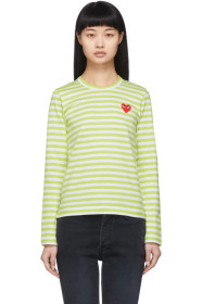 Comme des Garçons Play - Green & White Striped Heart Patch Long Sleeve T-Shirt