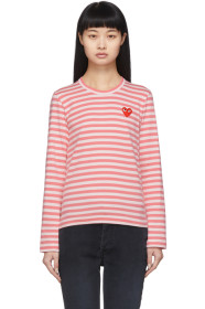 Comme des Garçons Play - Pink & White Striped Heart Patch Long Sleeve T-Shirt