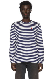 Comme des Garçons Play - T-shirt à manches longues rayé bleu marine et blanc Heart Patch