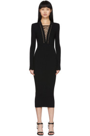 Balmain - Black Lace-Up V-Neck Midi Dress