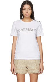 Balmain - ホワイト メタリック ロゴ T シャツ