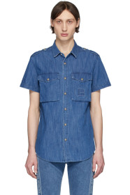 Balmain - Blue Denim Embossed Logo Short Sleeve Shirt