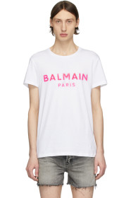 Balmain - ホワイト & ピンク シリコン ロゴ T シャツ