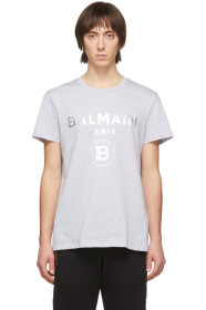 Balmain - グレー & シルバー ロゴ T シャツ