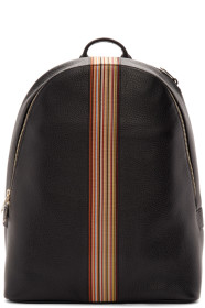 Paul Smith - ブラック レザー シグネチャ ストライプ バックパック