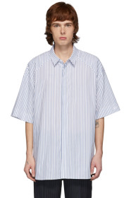 Juun.J - White & Blue Poplin Striped Short Sleeve Shirt