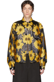 Dries Van Noten - Blouson fleuri en maille jacquard jaune et noir