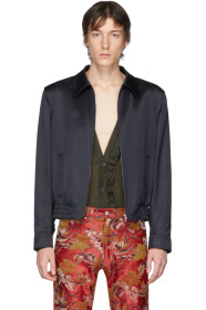 Dries Van Noten - ネイビー サテン ジップアップ ジャケット