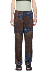 Dries Van Noten - Pantalon en satin fleuri bleu marine et brun