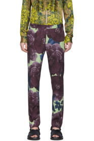 Dries Van Noten - Pantalon en laine fleuri mauve et vert