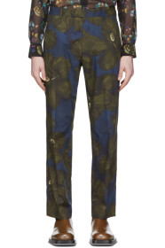 Dries Van Noten - Khaki & Navy Satin Floral Trousers