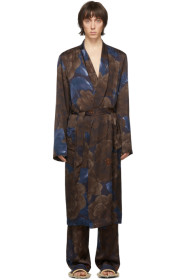 Dries Van Noten - Peignoir en satin fleuri bleu marine et brun