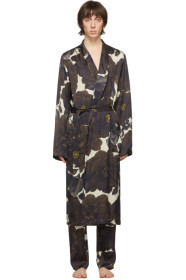 Dries Van Noten - Peignoir en satin fleuri blanc cassé et noir