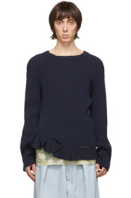Dries Van Noten - Pull à col ras du cou bleu marine