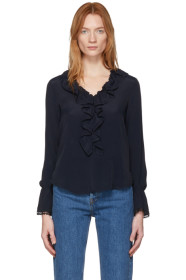 See by Chloé - Navy Crepe De Chine Ruffle Front Blouse