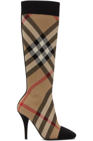 Burberry - Beige Check Stretch Knit Sock Boots