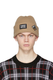 Burberry - Beige Wool Rib Knit Logo Beanie