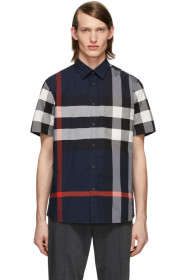 Burberry - 海军蓝格纹修身短袖衬衫