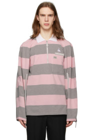 Burberry - 粉色 & 灰色 Zip Detail 条纹珠地棉 Polo 衫