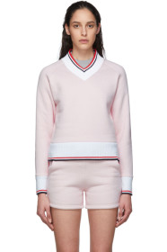 Thom Browne - Pink & White University V-Neck Sweater