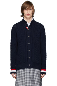 Thom Browne - Cardigan en laine de mérinos bleu marine Aran Cable