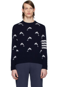 Thom Browne - Pull à col ras du cou bleu marine Dolphin Half Drop