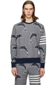 Thom Browne - Pull molletonné en maille jacquard bleu marine Dolphin 4-Bar