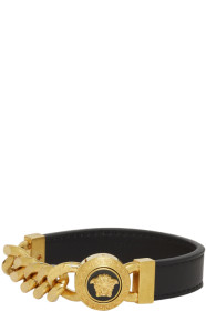 Versace - Black & Gold Leather Chain Medusa Bracelet